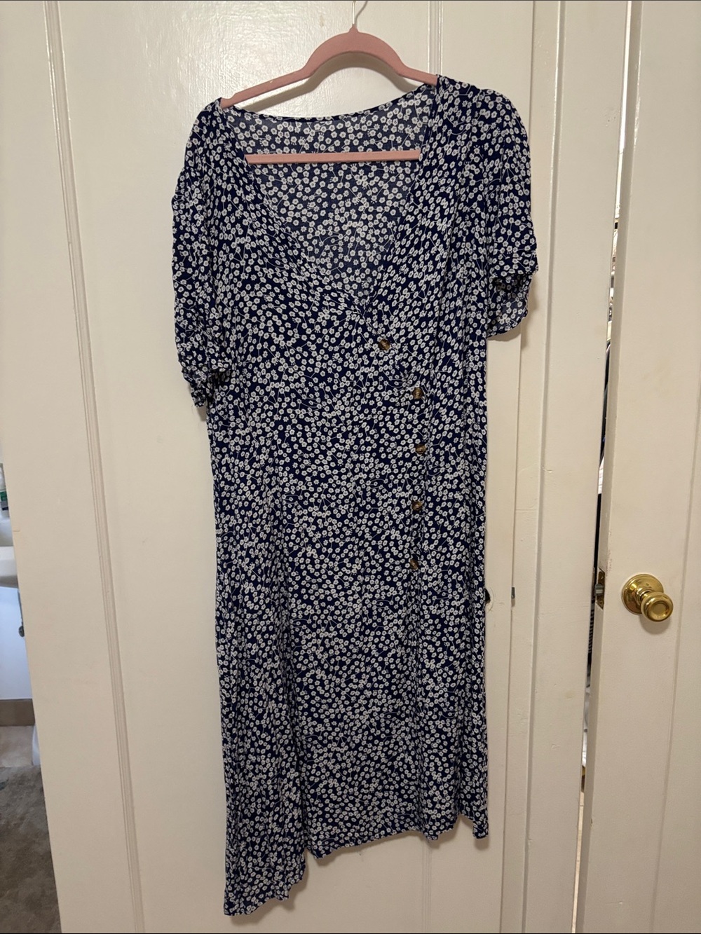 Women's Navy Floral Button-Front Midi Dress asymmetrical